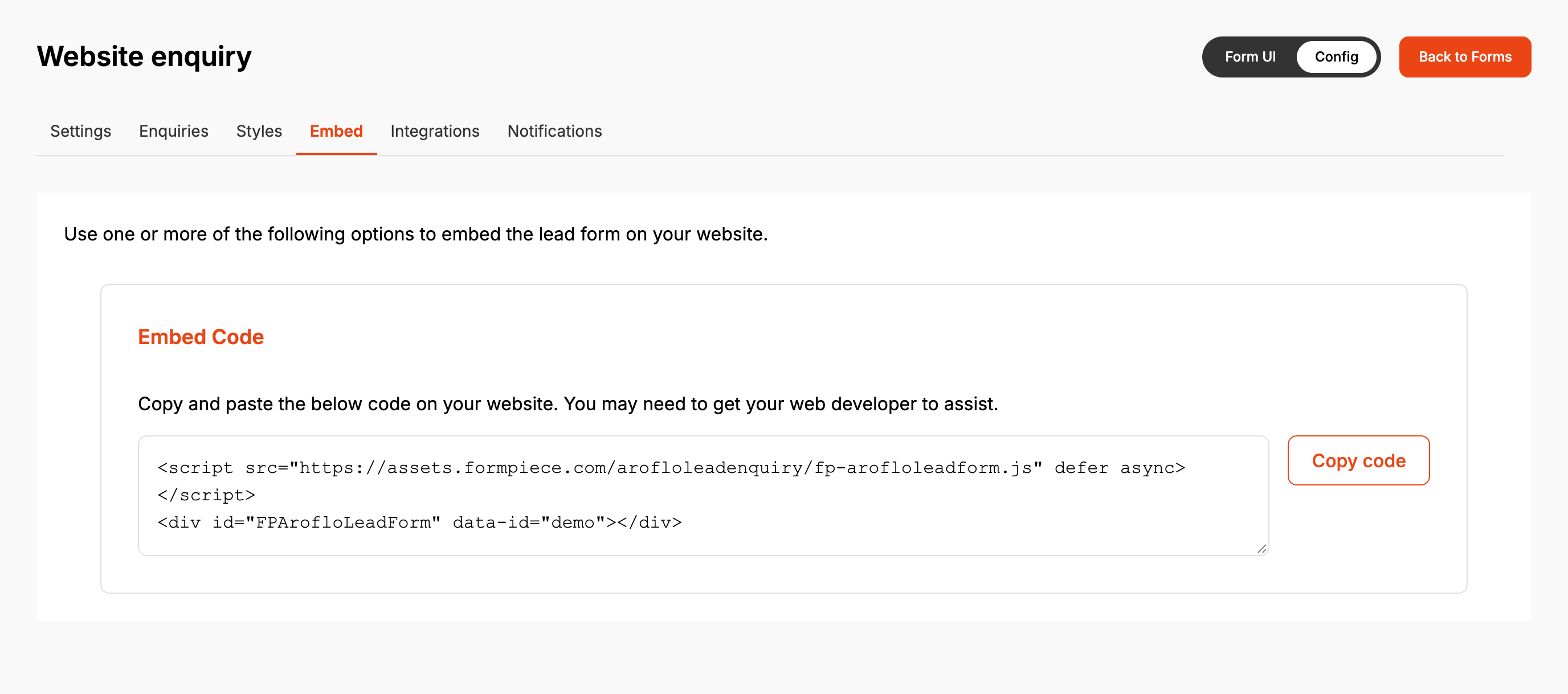 The Embed tab for the Website enquiry form, with the Embed Code box holding a script tag for fp-arofloleadform.js and a div with the id FPArofloLeadForm, and a Copy code button beside it