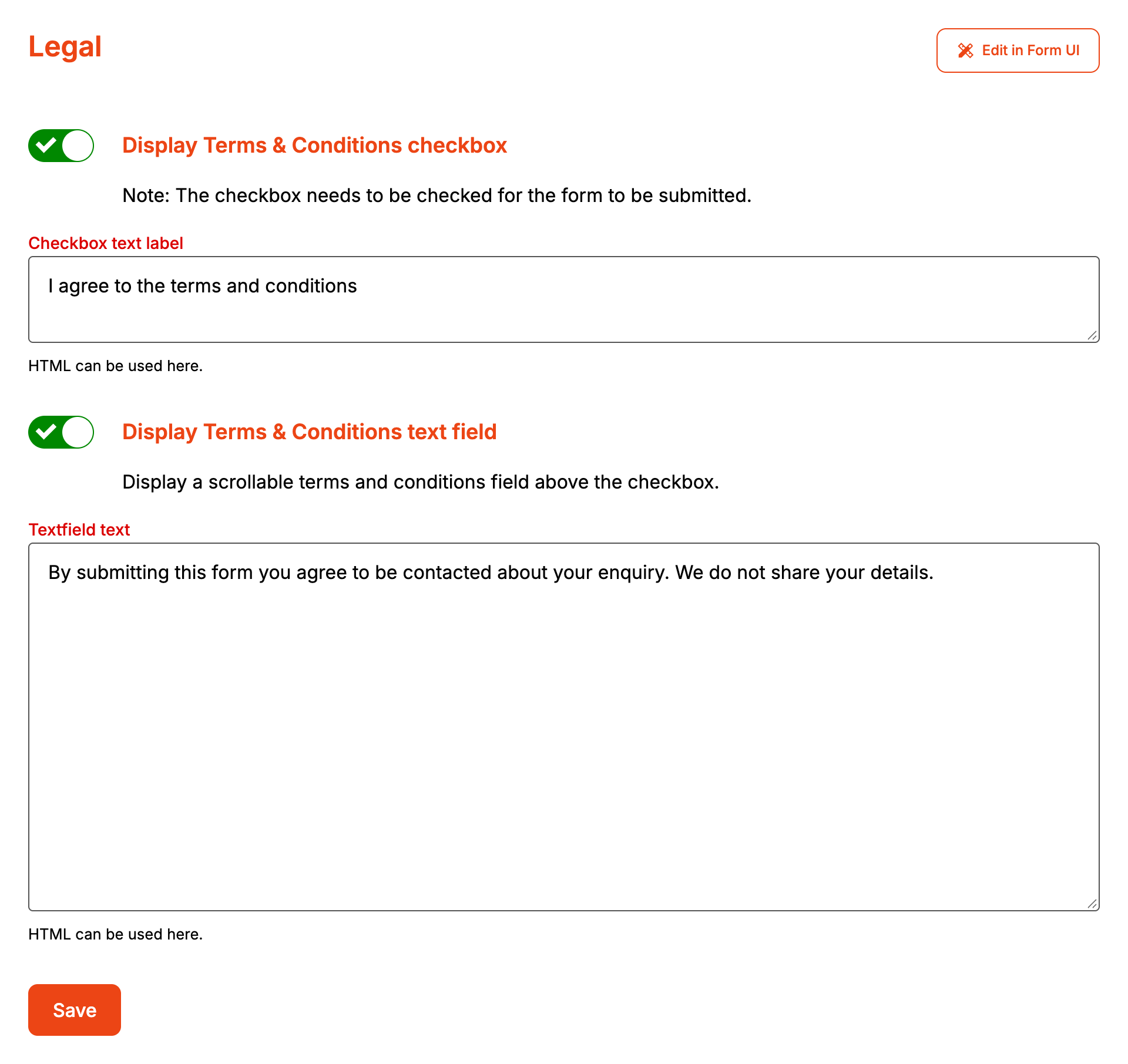 Legal page with both switches on, the checkbox label "I agree to the terms and conditions" and one sentence of terms text
