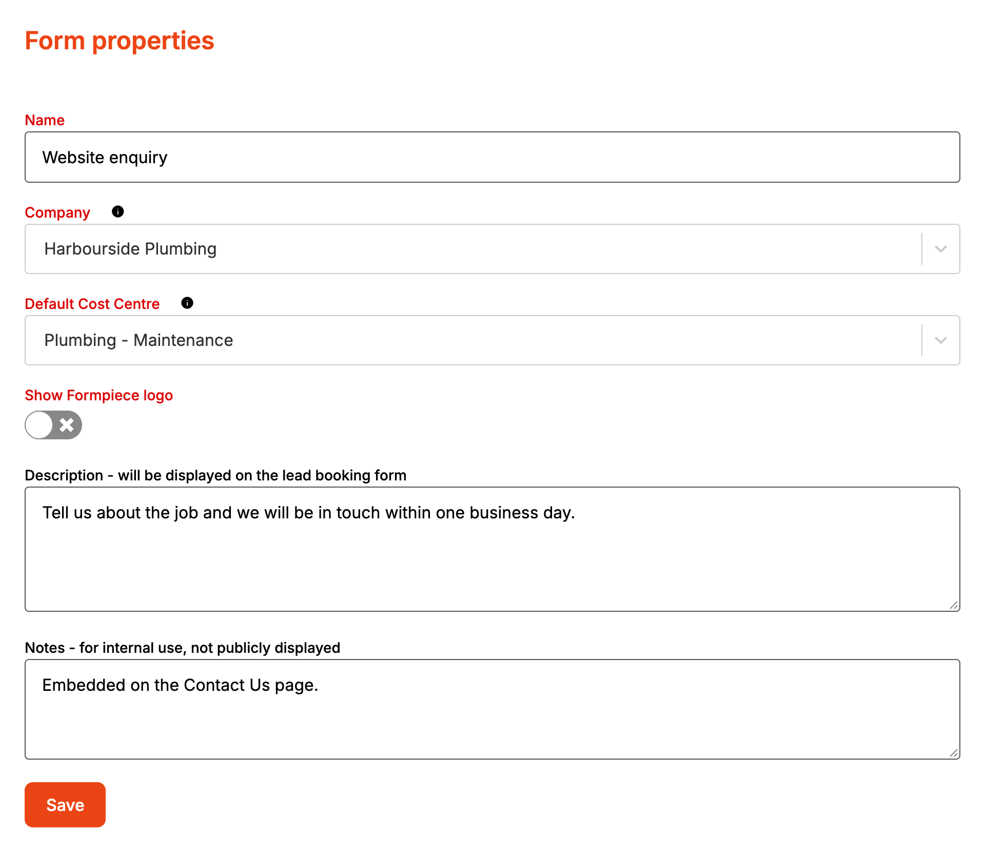 Form properties in the dashboard with a company, default cost centre, description and notes filled in